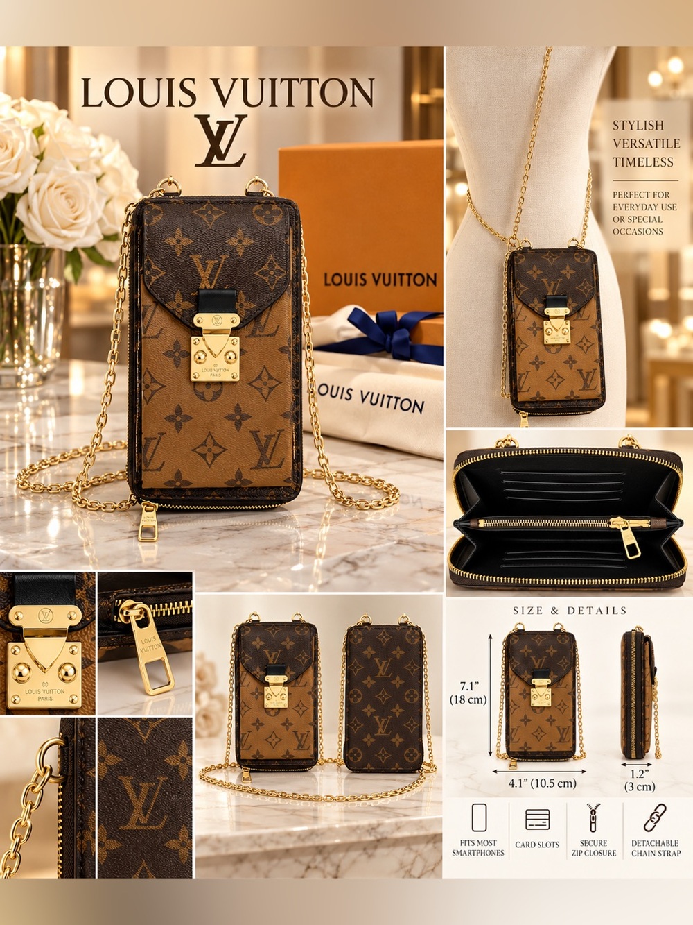 Two-Tone Brown Monogram Mini Crossbody Phone Pouch with Gold Chain